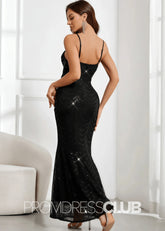 Eden |Black Prom Dresses Long Mermaid Sequined Embroidery Spaghetti Straps - Black - PromDressClub